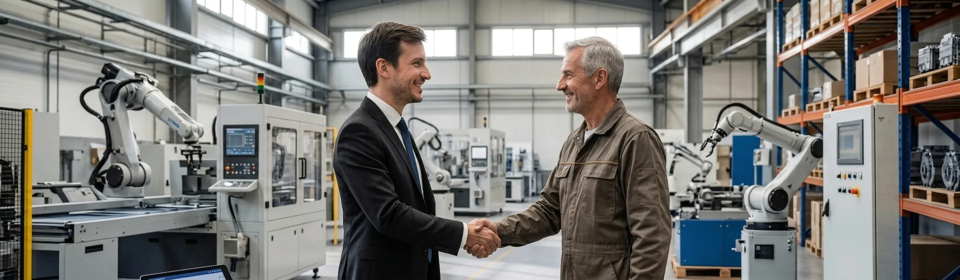 Comprador y vendedor estrechando la mano en una empresa industrial