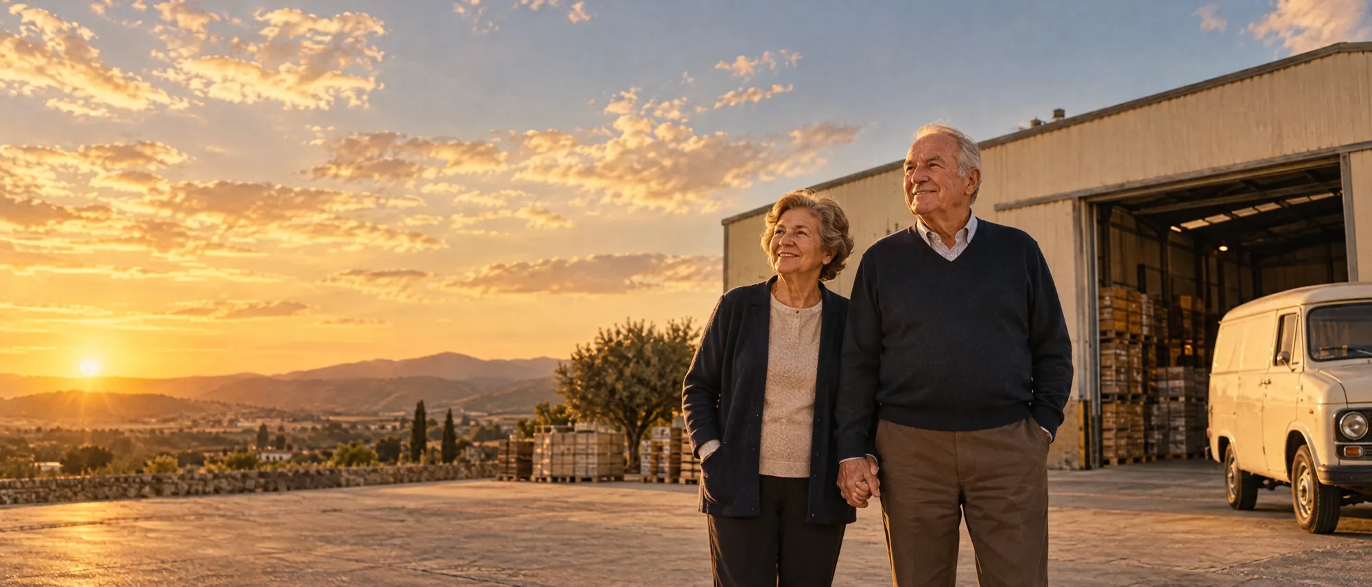 Matrimonio fundador delante de la nave que levantaron