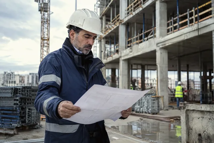 Encargado revisando planos en una obra