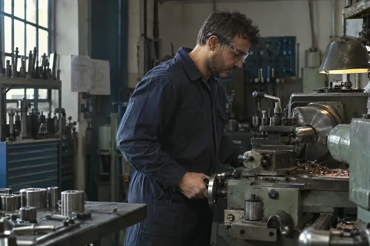 Operario trabajando en un torno